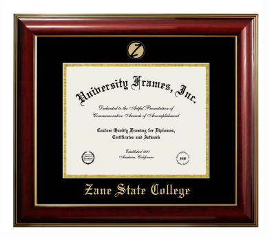 Zane State College Diploma Frame in Classic Mahogany with Gold Trim with Black & Gold Mats for document: 8 1/2"h x 11"w  