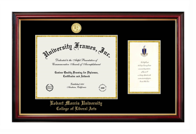 Robert Morris University (Chicago) College of Liberal Arts Diploma with Announcement Frame in Petite Mahogany with Gold Trim with Black & Gold Mats for document: 8 1/2"h x 11"w  , diploma: 7"h x 4"w  