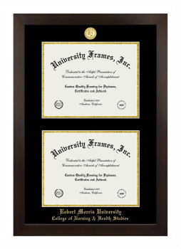 Robert Morris University (Chicago) College of Nursing & Health Studies Double Diploma Frame in Manhattan Espresso with Black & Gold Mats for document: 8 1/2"h x 11"w  , document: 8 1/2"h x 11"w  