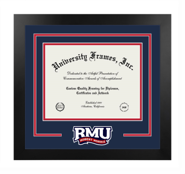 Robert Morris University (Moon Township, PA) Logo Mat Frame in Manhattan Black with Navy Blue & Red Mats for document: 8 1/2"h x 11"w  