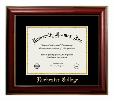 Rochester College Diploma Frame in Classic Mahogany with Gold Trim with Black & Gold Mats for document: 8 1/2"h x 11"w  