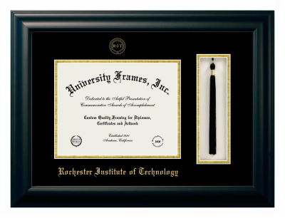 Rochester Institute of Technology Diploma with Tassel Box Frame in Satin Black with Black & Gold Mats for document: 8 1/2"h x 11"w  