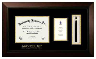 Minnesota State Community and Technical College Diploma with Announcement & Tassel Box Frame in Legacy Black Cherry with Black & Gold Mats for document: 8 1/2"h x 11"w  , diploma: 7"h x 4"w  