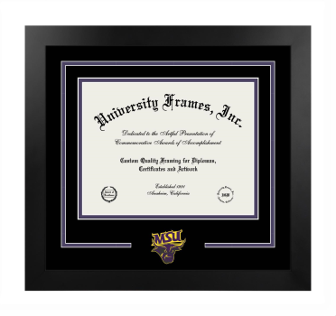 Minnesota State University Mankato Logo Mat Frame in Manhattan Black with Black & Purple Mats for document: 8 1/2"h x 11"w  