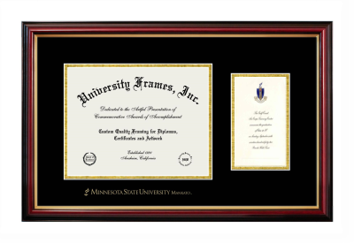 Minnesota State University Mankato Diploma with Announcement Frame in Petite Mahogany with Gold Trim with Black & Gold Mats for document: 8 1/2"h x 11"w  , diploma: 7"h x 4"w  