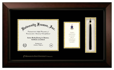 Minnesota State University Mankato Diploma with Announcement & Tassel Box Frame in Legacy Black Cherry with Black & Gold Mats for document: 8 1/2"h x 11"w  , diploma: 7"h x 4"w  