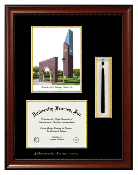 Minnesota State University Mankato Double Opening with Campus Image & Tassel Box (Stacked) Frame in Avalon Mahogany with Black & Gold Mats for document: 8 1/2"h x 11"w  