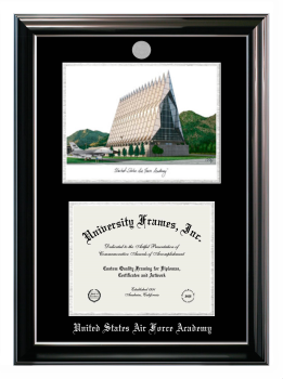 United States Air Force Academy Double Opening with Campus Image (Stacked) Frame in Classic Ebony with Silver Trim with Black & Silver Mats for document: 8 1/2"h x 11"w  