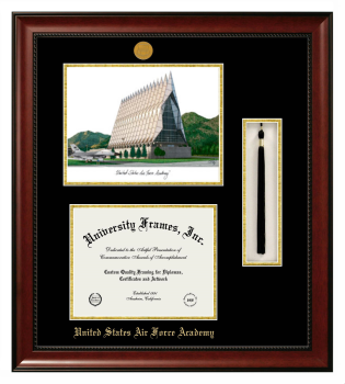United States Air Force Academy Double Opening with Campus Image & Tassel Box (Stacked) Frame in Avalon Mahogany with Black & Gold Mats for document: 8 1/2"h x 11"w  