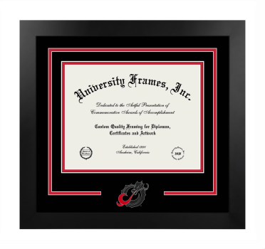 Minnesota State University Moorhead College of Arts and Humanities Logo Mat Frame in Manhattan Black with Black & Red Mats for document: 8 1/2"h x 11"w  