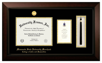 Minnesota State University Moorhead College of Arts and Humanities Diploma with Announcement & Tassel Box Frame in Legacy Black Cherry with Black & Gold Mats for document: 8 1/2"h x 11"w  , diploma: 7"h x 4"w  