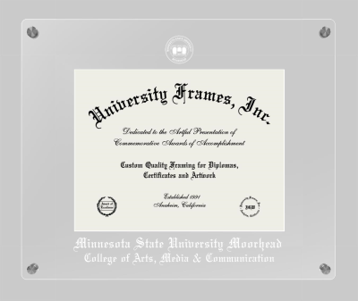 Minnesota State University Moorhead College of Arts, Media & Communication Lucent Clear-over-Clear Frame in Lucent Clear Moulding with Lucent Clear Mat for document: 8 1/2"h x 11"w  