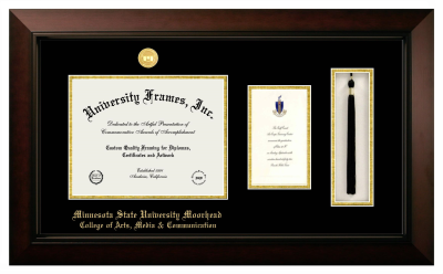 Minnesota State University Moorhead College of Arts, Media & Communication Diploma with Announcement & Tassel Box Frame in Legacy Black Cherry with Black & Gold Mats for document: 8 1/2"h x 11"w  , diploma: 7"h x 4"w  