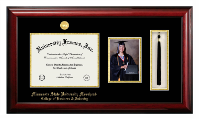 Minnesota State University Moorhead College of Business & Industry Diploma with 5 x 7 Portrait & Tassel Box Frame in Classic Mahogany with Black & Gold Mats for document: 8 1/2"h x 11"w  