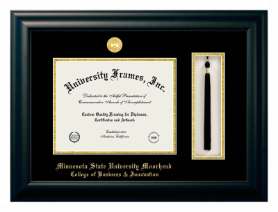 Minnesota State University Moorhead College of Business & Innovation Diploma with Tassel Box Frame in Satin Black with Black & Gold Mats for document: 8 1/2"h x 11"w  