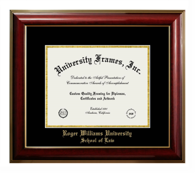 Roger Williams University School of Law Diploma Frame in Classic Mahogany with Gold Trim with Black & Gold Mats for document: 8 1/2"h x 11"w  