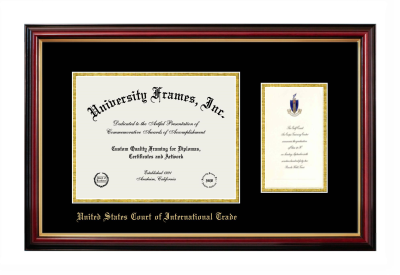 United States Court of  International Trade Diploma with Announcement Frame in Petite Mahogany with Gold Trim with Black & Gold Mats for document: 8 1/2"h x 11"w  , diploma: 7"h x 4"w  