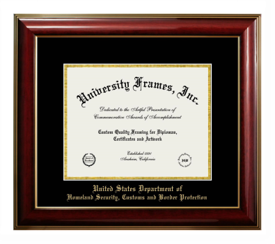 United States Department of Homeland Security, Customs and Border Protection Diploma Frame in Classic Mahogany with Gold Trim with Black & Gold Mats for document: 8 1/2"h x 11"w  