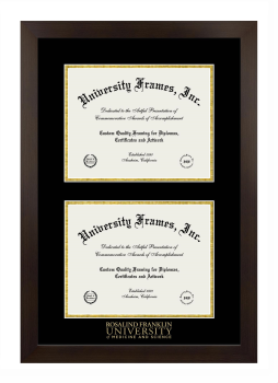 Rosalind Franklin University of Medicine and Science Double Diploma Frame in Manhattan Espresso with Black & Gold Mats for document: 8 1/2"h x 11"w  , document: 8 1/2"h x 11"w  