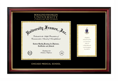 Rosalind Franklin University of Medicine and Science Chicago Medical School Diploma with Announcement Frame in Petite Mahogany with Gold Trim with Black & Gold Mats for document: 8 1/2"h x 11"w  , diploma: 7"h x 4"w  