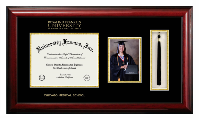 Rosalind Franklin University of Medicine and Science Chicago Medical School Diploma with 5 x 7 Portrait & Tassel Box Frame in Classic Mahogany with Black & Gold Mats for document: 8 1/2"h x 11"w  