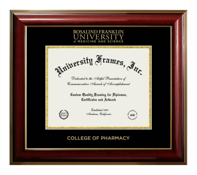 Rosalind Franklin University of Medicine and Science College of Pharmacy Diploma Frame in Classic Mahogany with Gold Trim with Black & Gold Mats for document: 8 1/2"h x 11"w  