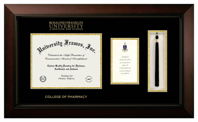 Rosalind Franklin University of Medicine and Science College of Pharmacy Diploma with Announcement & Tassel Box Frame in Legacy Black Cherry with Black & Gold Mats for document: 8 1/2"h x 11"w  , diploma: 7"h x 4"w  
