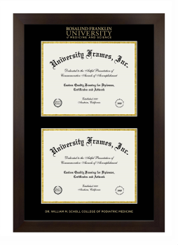 Rosalind Franklin University of Medicine and Science Dr. William M. Scholl College of Podiatric Medicine Double Diploma Frame in Manhattan Espresso with Black & Gold Mats for document: 8 1/2"h x 11"w  , document: 8 1/2"h x 11"w  