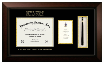 Rosalind Franklin University of Medicine and Science Dr. William M. Scholl College of Podiatric Medicine Diploma with Announcement & Tassel Box Frame in Legacy Black Cherry with Black & Gold Mats for document: 8 1/2"h x 11"w  , diploma: 7"h x 4"w  