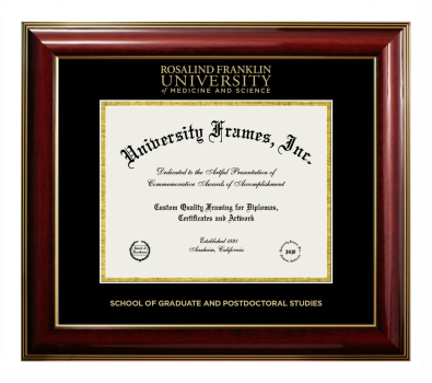 Rosalind Franklin University of Medicine and Science School of Graduate and Postdoctoral Studies Diploma Frame in Classic Mahogany with Gold Trim with Black & Gold Mats for document: 8 1/2"h x 11"w  
