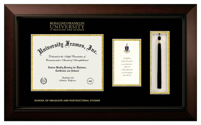 Rosalind Franklin University of Medicine and Science School of Graduate and Postdoctoral Studies Diploma with Announcement & Tassel Box Frame in Legacy Black Cherry with Black & Gold Mats for document: 8 1/2"h x 11"w  , diploma: 7"h x 4"w  