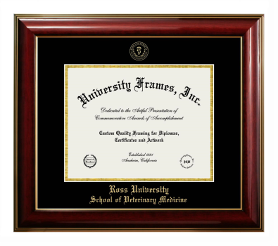 Ross University School of Veterinary Medicine Diploma Frame in Classic Mahogany with Gold Trim with Black & Gold Mats for document: 8 1/2"h x 11"w  