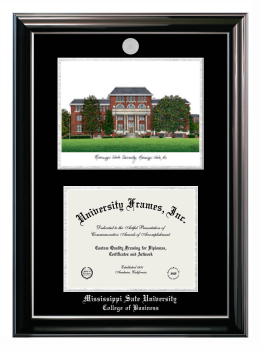 Mississippi Sate University College of Business Double Opening with Campus Image (Stacked) Frame in Classic Ebony with Silver Trim with Black & Silver Mats for document: 8 1/2"h x 11"w  