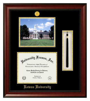 Rowan University Double Opening with Campus Image & Tassel Box (Stacked) Frame in Avalon Mahogany with Black & Gold Mats for document: 8 1/2"h x 11"w  
