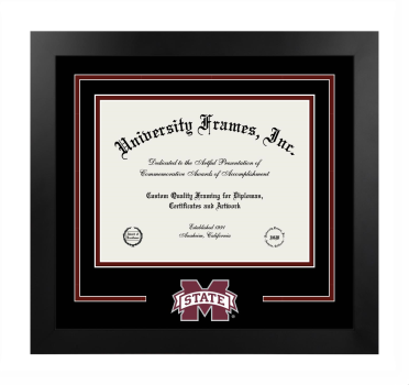 Mississippi State University Logo Mat Frame in Manhattan Black with Black & Maroon Mats for document: 8 1/2"h x 11"w  