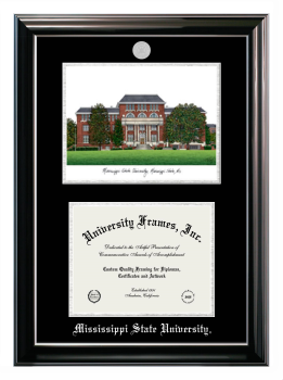 Mississippi State University Double Opening with Campus Image (Stacked) Frame in Classic Ebony with Silver Trim with Black & Silver Mats for document: 8 1/2"h x 11"w  