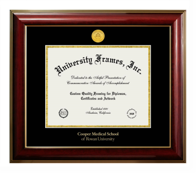 Rowan University Cooper Medical School Diploma Frame in Classic Mahogany with Gold Trim with Black & Gold Mats for document: 8 1/2"h x 11"w  