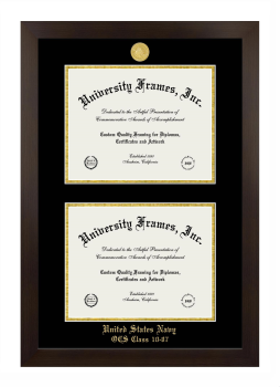 United States Navy OCS Class 10-07 Double Diploma Frame in Manhattan Espresso with Black & Gold Mats for document: 8 1/2"h x 11"w  , document: 8 1/2"h x 11"w  