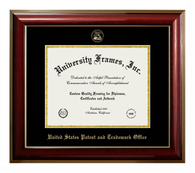 United States Patent and Trademark Office Diploma Frame in Classic Mahogany with Gold Trim with Black & Gold Mats for document: 8 1/2"h x 11"w  
