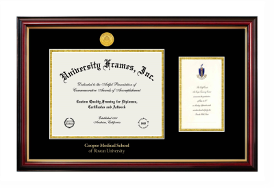 Rowan University Cooper Medical School Diploma with Announcement Frame in Petite Mahogany with Gold Trim with Black & Gold Mats for document: 8 1/2"h x 11"w  , diploma: 7"h x 4"w  