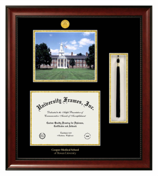 Rowan University Cooper Medical School Double Opening with Campus Image & Tassel Box (Stacked) Frame in Avalon Mahogany with Black & Gold Mats for document: 8 1/2"h x 11"w  