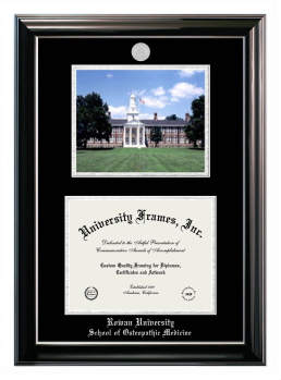 Rowan University School of Osteopathic Medicine Double Opening with Campus Image (Stacked) Frame in Classic Ebony with Silver Trim with Black & Silver Mats for document: 8 1/2"h x 11"w  