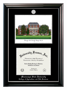 Mississippi State University College of Agriculture and Life Sciences Double Opening with Campus Image (Stacked) Frame in Classic Ebony with Silver Trim with Black & Silver Mats for document: 8 1/2"h x 11"w  