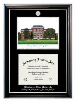 Mississippi State University College of Architecture Art and Design Double Opening with Campus Image (Stacked) Frame in Classic Ebony with Silver Trim with Black & Silver Mats for document: 8 1/2"h x 11"w  