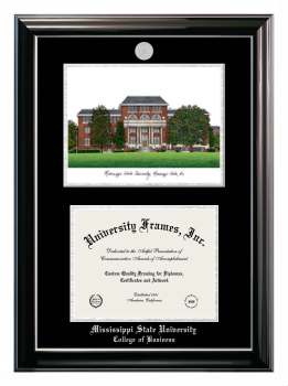 Mississippi State University College of Business Double Opening with Campus Image (Stacked) Frame in Classic Ebony with Silver Trim with Black & Silver Mats for document: 8 1/2"h x 11"w  