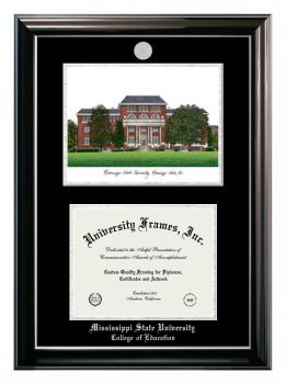 Mississippi State University College of Education Double Opening with Campus Image (Stacked) Frame in Classic Ebony with Silver Trim with Black & Silver Mats for document: 8 1/2"h x 11"w  