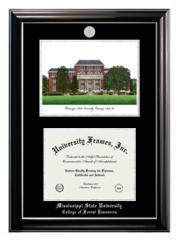 Mississippi State University College of Forest Resources Double Opening with Campus Image (Stacked) Frame in Classic Ebony with Silver Trim with Black & Silver Mats for document: 8 1/2"h x 11"w  