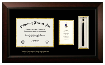 Russian-American Journalism Institute Diploma with Announcement & Tassel Box Frame in Legacy Black Cherry with Black & Gold Mats for document: 8 1/2"h x 11"w  , diploma: 7"h x 4"w  