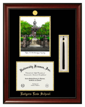 Rutgers Law School Double Opening with Campus Image & Tassel Box (Stacked) Frame in Avalon Mahogany with Black & Gold Mats for document: 8 1/2"h x 11"w  