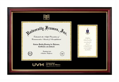 Universidad del Valle del Mexico Diploma with Announcement Frame in Petite Mahogany with Gold Trim with Black & Gold Mats for document: 8 1/2"h x 11"w  , diploma: 7"h x 4"w  